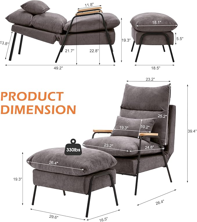 MCombo Accent Recliner Chair with Ottoman, Modern Fabric Armchair, Upholstered Sofa Bed for Living Room Bedroom, Small Space 4055 (Black Frame, Grey)
