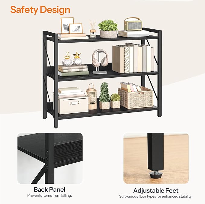 HOOBRO Bookshelf, 3-Tier Industrial Bookcase, Book Shelf Storage Organizer, Bookshelf with Metal Frame for Living Room, Bedroom, Home Office, Kitchen, Black BB718SJ01