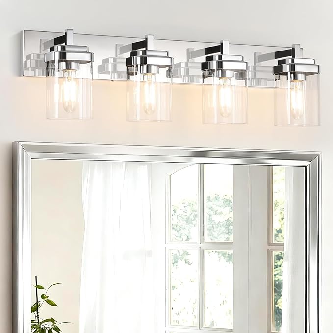 Vanity Light Fixture,4-Light Vanity Light for Bathroom,Chrome Bathroom Vanity Lighting Over Mirror with Square Clear Glass Shade for Restroom