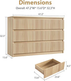 Oak 6 Drawer Dresser for Bedroom, Modern Fluted Dresser, Bedroom Dressers with Drawers, Large Double Wooden Chest of Drawers for Living Room, Hallway