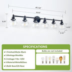 6-Light Bathroom Light Fixture Black Vanity Lights Over Mirror Modern Wall Sconce Farmhouse Vintage Bathroom Vanity Lighting with Glass Shade for Bedroom Hallway Cabinet Bathroom