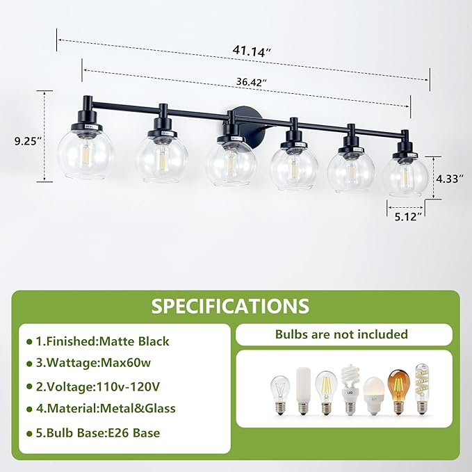 6-Light Bathroom Light Fixture Black Vanity Lights Over Mirror Modern Wall Sconce Farmhouse Vintage Bathroom Vanity Lighting with Glass Shade for Bedroom Hallway Cabinet Bathroom