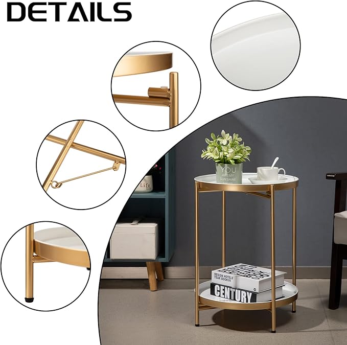HollyHOME 2-Tier Round Gold Side Table, Outdoor Small Folding Accent Stand with Removable Tray, Anti-Rust Metal Asional Table for Balcony Patio Living Room, Nightstand for Bedroom(Gold&White)