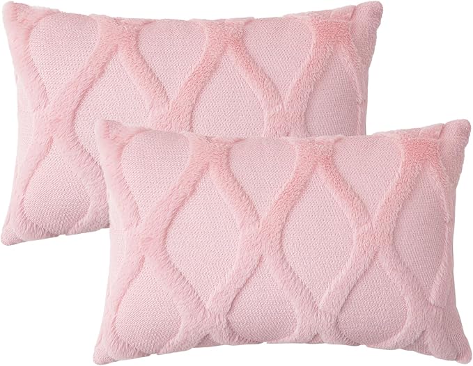 decorUhome Spring Throw Pillow Covers 12x20 Inch Set of 2, Soft Plush Faux Fur Wool Lumbar Light Pink Couch Pillow Covers, Decorative Neutral Pillow Cases for Bed Sofa Living Room Valentines Decor