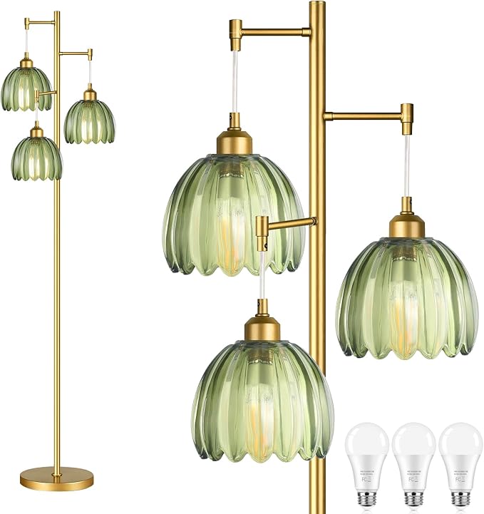 Gold Floor Lamp for Living Room,Bedroom,Mid Century Modern Standing Lamp Brass Tree 3 Light Tall Floor Lamps Vintage Retro Floor Lights Glass Green Flower Lamp Shade Farmhouse Boho Bohemian