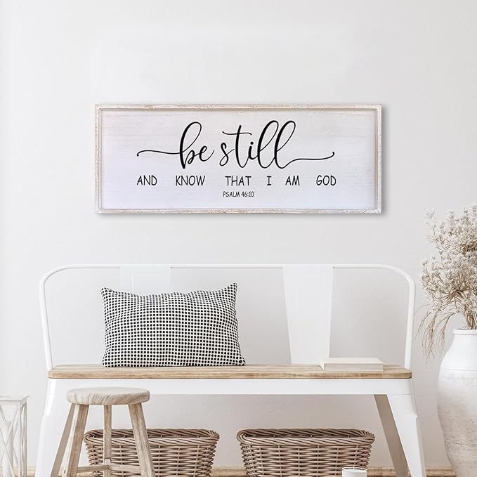 Surfapans Be Still and Know that I am God Wall Decor 40"x15" Large Farmhouse Family Living Room Vintage Religious Bible Verses Entryway Sign Wood Framed Scripture Hallway Hanging Wall Art (White)
