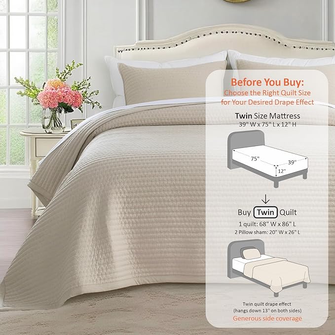 Kasentex WX1804-CML Quilt Mini Set-Stone Washed-Super Soft Bedspread-Light Weight-White Down Alternative Microfiber Fill-Machine Washable-Solid Colors, Twin + 2 Shams, Camel