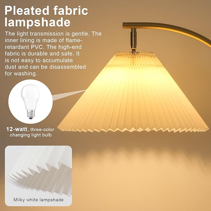 Unique Arc Floor Lamp, Bright 12W Three-Color Dimming, 14-inch Pleated Lampshade, Brass Gold Light Pole, Living Room Corner Bedroom Bedside Office Standing Reading Lamp, Modern Home Decor Tall Light