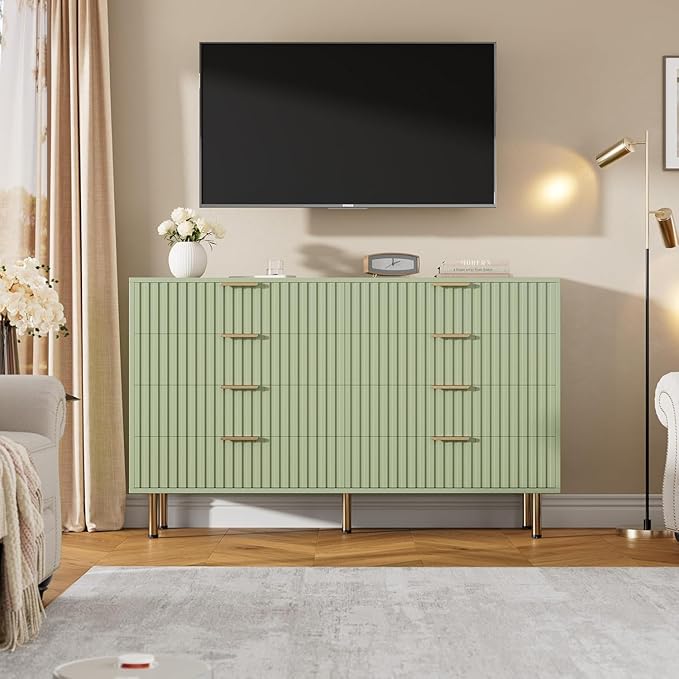 GarveeHome 8 Drawer Dresser for Bedroom, Fluted 55 in Wide Modern Chest of Drawers with Deep Drawers, Wooden Dresser Organizer for Living Room, Hallway, Kids Room, Green