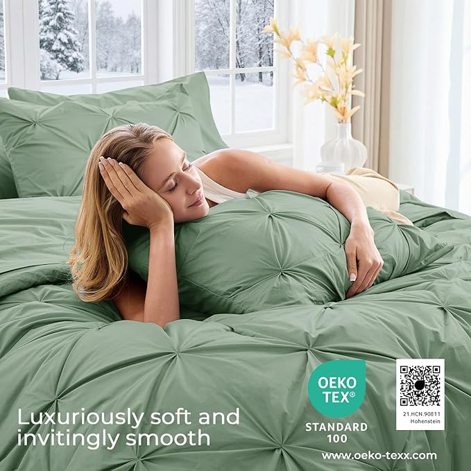 Sasttie Full Size Comforter Set, 7-Piece Bed in a Bag Double, Pintuck Bedding Set for All Season, Includes Comforter, Flat Sheet, Fitted Sheet, Pillowcases and Pillowshams, Sage Green