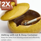 Ashtray with Lid for Outside Patio, Windproof Ash tray, Ceramic Smokeless Ashtray for Outdoor Home Office Tabletop Patio Outdoor Balcony, Yellow