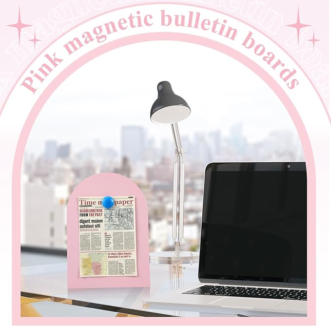 Shimeyao 2 Pcs Pink Magnetic Bulletin Board for Tabletops with 8 Magnets 12 x 8.5 Inch Memo Display Easel Stand for Home Office School Kitchen Table Supplies (Arched)