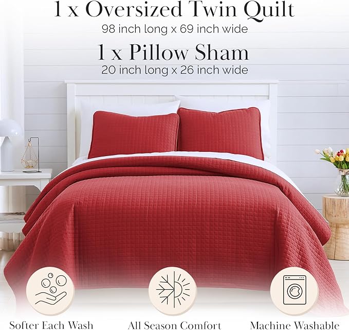 Southshore Fine Living, Inc. Twin XL Comforter Quilt Bedding Set, Dorm Room Bedding Essentials, Stain Resistant, Machine Washable Bedspread, Twin XL Red Quilt Bed Spread w/Pillow Sham, Chili Pepper