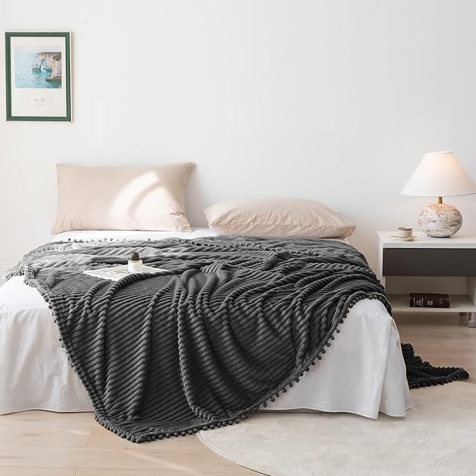 DISSA Fleece Blanket Throw Size – 51x63, Dark Grey – Soft, Plush, Fluffy, Fuzzy, Warm, Cozy – Perfect Throw for Couch, Bed, Sofa - with Pompom Fringe - Flannel Blanket Throw Blanket