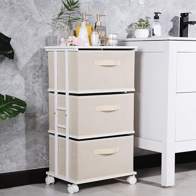 MAX Houser Dresser Tower with 3 Drawers for Bedroom, Fabric Storage Organizer Unit, Chest of Drawers with with WoodTop, Small Vertical Storage for Guest Room, Closet, Entryway, Nursery(Beige)