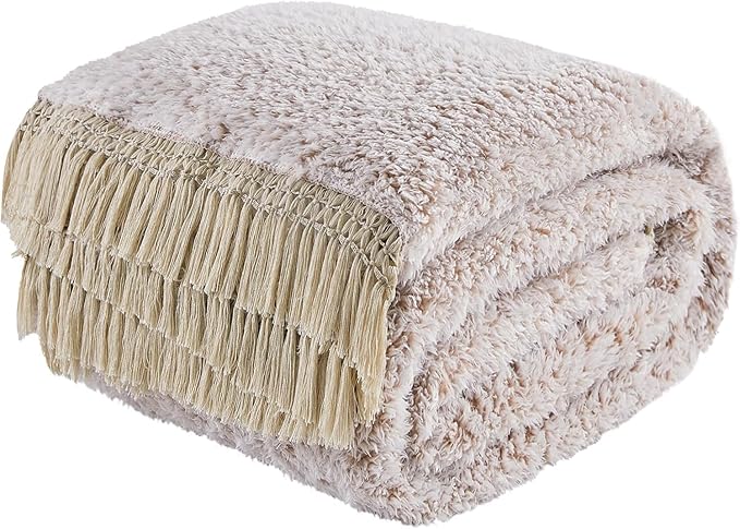 EMME Soft Sherpa Fleece Blanket with Tassel, Reversible Plush Fluffy Large Blanket, Light Weight Warm Decorative Boho Blanket Cover for Sofa, Couch, Bedroom,Travel(Tassel Khaki,60"x80")