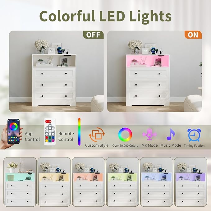 37.2" 3-Drawer Dresser with LED Lights & Charging Station, Wood Chest of Drawers with Open Space, Bedroom Closet Organizer for Living Room, Entryway, Bedside Storage, White