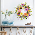 Artificial Spring Wreath 22 Inch Floral Wreaths for Front Door Spring Summer Wreath with Dahlia Daisy Flowers for Indoor Porch Wall Springtime Holidays Easter Celebrations