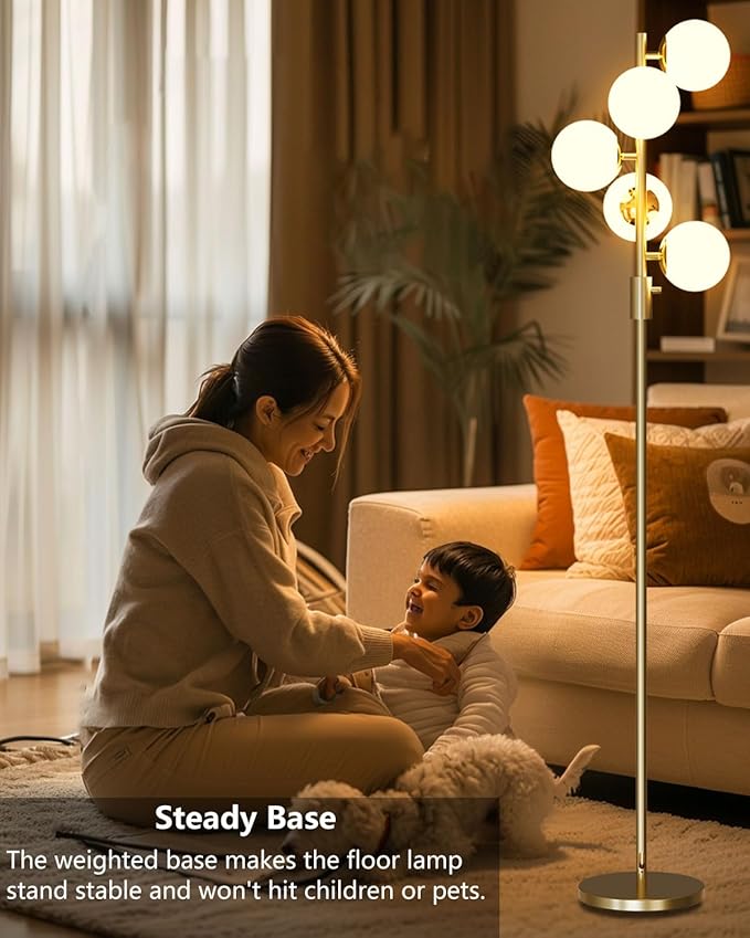 Lightdot Dimmable Globe Floor Lamp Mid Century Modern Floor Lamp with 5Pcs 3000K Bulbs Included Stepless Brightness Adjustable Gold Standing Lamps for Living Room/Bedroom/Sofa Beside/Corner Decor