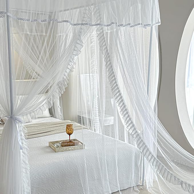 AIKASY 4 Corners Post Ruffle Princess Bed Canopy Curtain - Double Layer Cozy Drape Netting with 4 Openings - Elegant Mosquito Net for Girls and Adults Bedroom Decoration (White, King)
