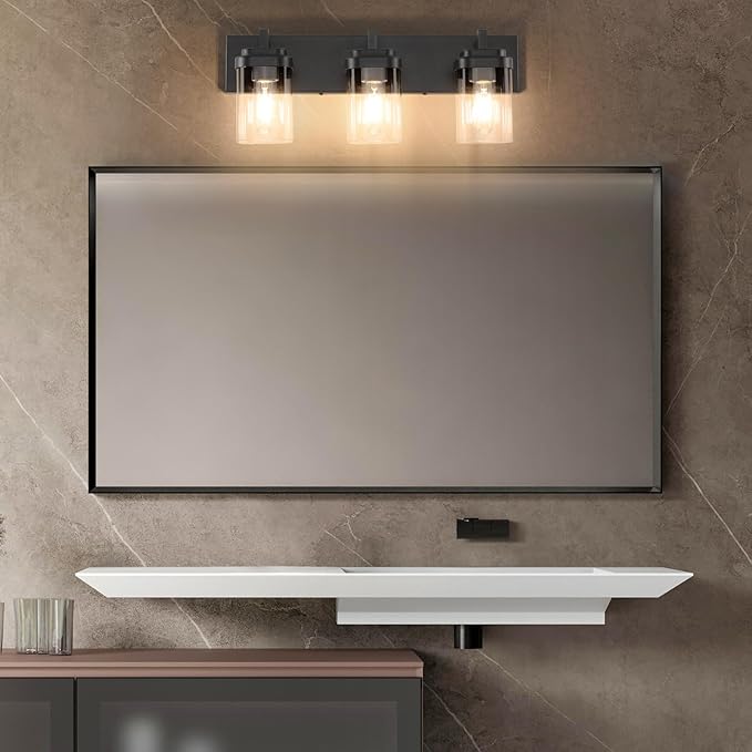 Vanity Light Fixture,3-Light Vanity Light for Bathroom,Matte Black Bathroom Vanity Lighting Over Mirror with Square Clear Glass Shade for Restroom