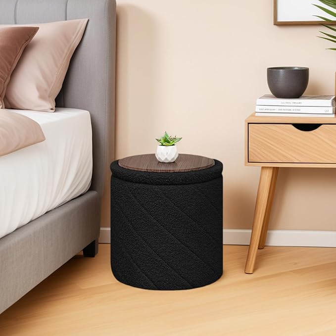 13" Foldable Boucle Round Storage Ottoman,Space-Saving Footrest/Seating/Coffee Table for Small Apartments,Dorms & Bedrooms-Black