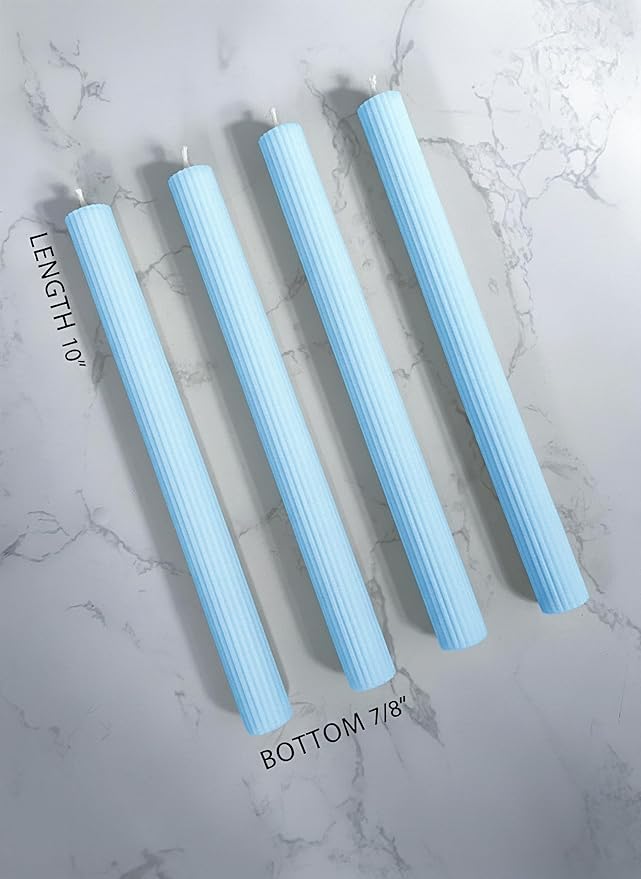 10" Candle Sticks, Ribbed Taper Candles, Sky Blue, 4-Pack, Unscented