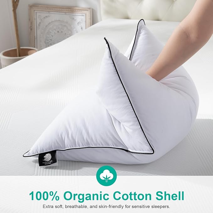 APSMILE Medium Firm Feathers Down Pillow Queen Size Set of 2, Luxury Feathers Pillow for Sleeping, 100% Organic Cotton Cover Hotel Bed Pillow for Side Sleeper (White, 20"x30")