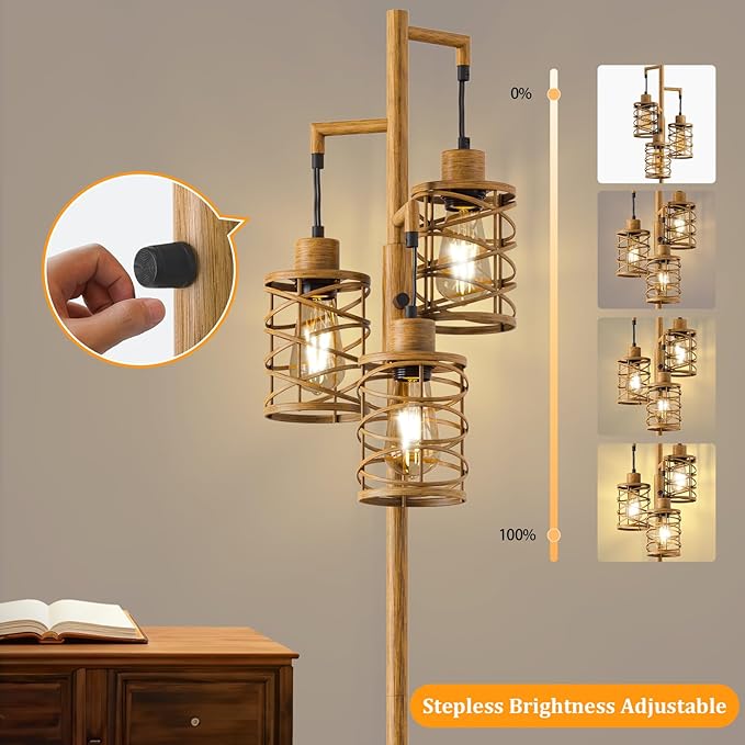 Oneach 70" Industrial Floor Lamp, Stepless Dimmable Standing Lamp with 3 Bulbs, Farmhouse Corner Standing Tree Lamp for Living Room, Tall Lamps for Bedroom, Office, Study Room, Dining Room, Wood Grain