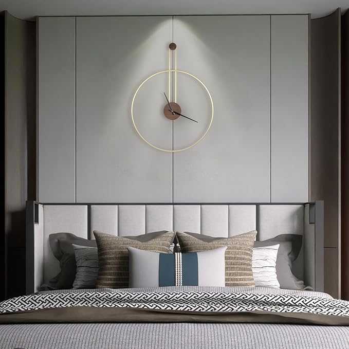 Modern Wall Clock, Large 21.7''×28.7'', Walnut Dial, Silent Non-Ticking Metal Clock for Home Decor, Gold