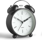 Twin Bell Loud Alarm Analog Alarm Clock, 4 inch Super Silent Non Ticking Small Clock with Night Light, Battery Operated, Simple Design, Old Fashioned, for Heavy Sleeper, Bedroom, Bedside, Desk, Black