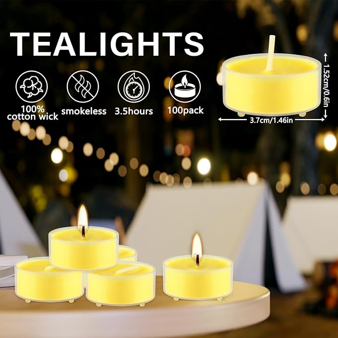 4-Hour 100Pack Yellow Tealight Candles, Outdoor and Indoor Summer Scented Candle,Natural Soy Wax Candle for Home Patio Garden Yard Balcony,BBQ Birthday Emergency