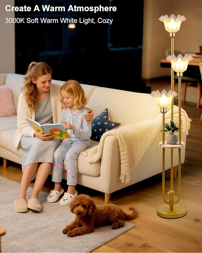 Flower Floor Lamp for Living Room, Dimmable Vintage Floor Lamp with Shelf & LED Bulbs, 3 Light 3000K Soft Warmwhite Mid Century Gold Standing Lamp, Floral Tall Lamp for Bedroom