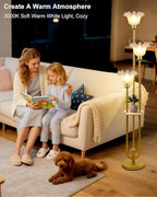 Flower Floor Lamp for Living Room, Dimmable Vintage Floor Lamp with Shelf & LED Bulbs, 3 Light 3000K Soft Warmwhite Mid Century Gold Standing Lamp, Floral Tall Lamp for Bedroom