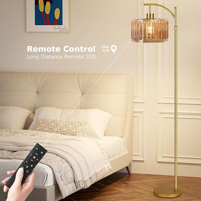 Glass Floor Lamp for Living Room,Bedroom,Gold Dimmable Standing Lamp with Remote,Mid Century Modern Brass Tall Lamp Boho Vintage Retro Floor Lamps Arc Amber Flower Floor Light Lamp Bohemian