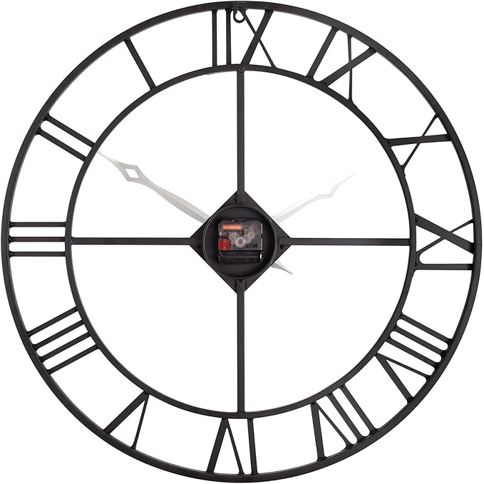 24 Inch Wall Clock, Large Roman Numerals Wall Clocks Battery Operated, Slient Vintage Skeleton Black Metal Indoor Outdoor Clocks for Living Room, Bedroom, Kitchen, Dining Room, Patio Decor