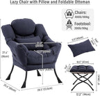 Lazy Chair with Ottoman, Modern Accent Chair with Lumbar Pillow, Navy Blue Sofa, Lounge Chairs with Folding Footrest, Oversized Supportive Chairs for Bedroom, Reading
