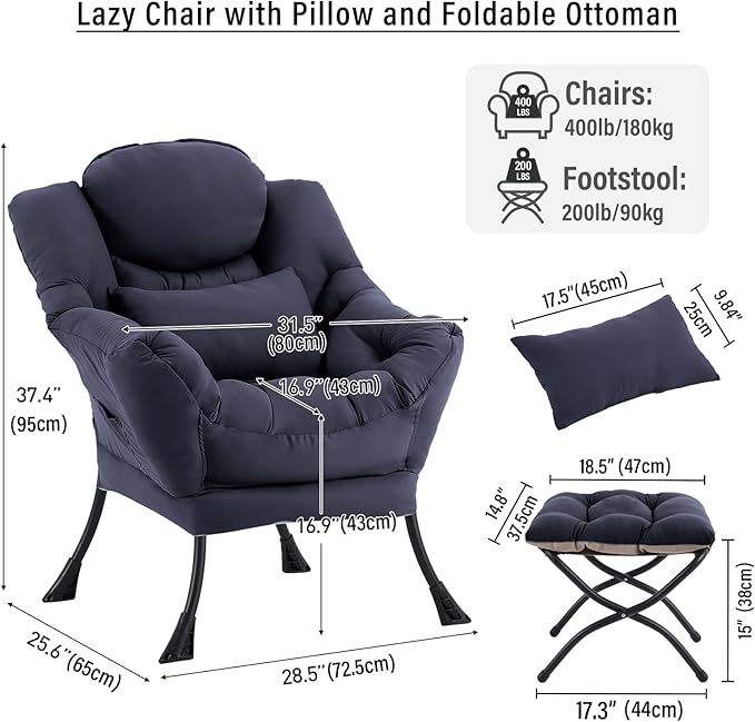 Lazy Chair with Ottoman, Modern Accent Chair with Lumbar Pillow, Navy Blue Sofa, Lounge Chairs with Folding Footrest, Oversized Supportive Chairs for Bedroom, Reading