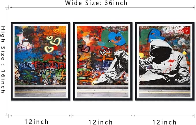 Novatique Modern Street Graffiti Wall Art Banksy Art Wall Decor Abstract Graffiti Poster Canvas Print Living Room Office Decoration,12" x 16" x 3Pcs