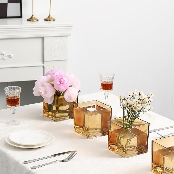 Square Glass Vases Set of 4, 4"x 4"x 4" Flower Vases for Centerpieces, Amber Glass Vase for Flowers, Small Vase for Wedding, Party, Home Office Decoration