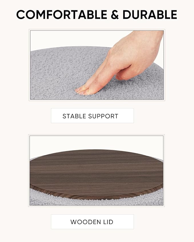 Round Ottoman with Storage, Boucle Foot Rest Stool with Reversible Tray Lid, Folding Teddy Ottoman Coffee Table for Dorm Living Room Bedroom Entryway, Grey,13" x 13" x 13.8"
