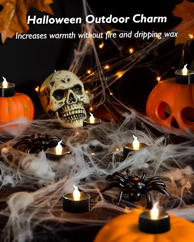 Black Candles, 12 Pack Tea Lights Candles Battery Operated, LED Tealight Candle, Flameless Votive Candle for Fall Holiday Decor, Theme Party -1.4" D X 1.3" H