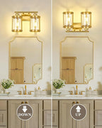 2-Light Brushed Gold Bathroom Light Fixtures, 13.8 Inch Modern Bathroom Vanity Lighting Fixtures Over Mirror with Clear Glass and Metal Cage Wall Sconce Lights for Bath, E26, OS-3014BG-2W
