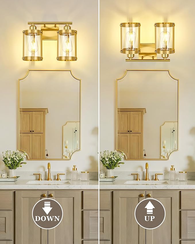 2-Light Brushed Gold Bathroom Light Fixtures, 13.8 Inch Modern Bathroom Vanity Lighting Fixtures Over Mirror with Clear Glass and Metal Cage Wall Sconce Lights for Bath, E26, OS-3014BG-2W