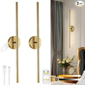 Wireless Battery Operated Wall Sconces with Remote, Gold Rechargeable Led Wall Lights Set of Two, Cordless Dimmable Battery Powered Wall Lamp Decor for Bedroom Living Room, 3 Color, 28 Inch
