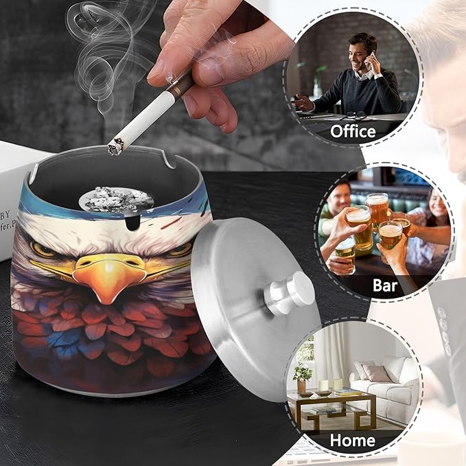 Painting Usa Flag Cool Eagle Ashtray with Lid, Outdoor Ashtrays for Patio, Stainless Steel Ashtray Odorless Smokeless for Home Office Balcony