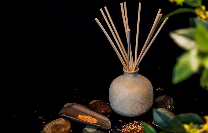 Blueme Calm Diffuser | Osmanthus & Sandalwood | 16.91 Fl Oz - Refillable Wellness Diffuser, Contains Essential Oil, Sustainable, Hand Finished, Premium, Luxury Ceramic, Natural Rattan Reeds | Large