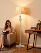 64'' Vintage Floor Lamp with Nightlight, Rustic Farmhouse Tall Standing Lamp with Rotary Switch and White Linen Shade for Living Room, Corner, Bedroom, House Decor, Wash Blue (Bulb Included)