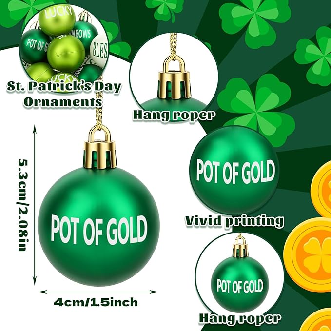 JULMELON 24 Pcs St. Patrick's Day Ornaments, 1.6 inches Shatterproof Shamrock Balls with Irish Blessings, Green White Plastic Tree Decorations for St. Patrick's Day Party, Festival