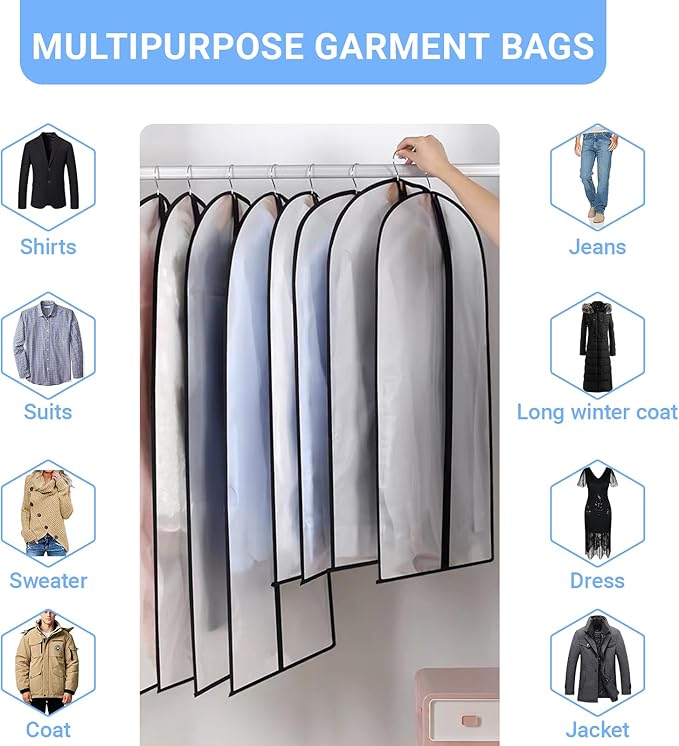 Suit Bags for Closet Storage Garment Bag (24'' x 40'' Set of 12) Clear Garment Bags for Hanging Clothes Plastic Waterproof Suit Cover Bag with Zipper for Coats, Jackets, Shirts Closet